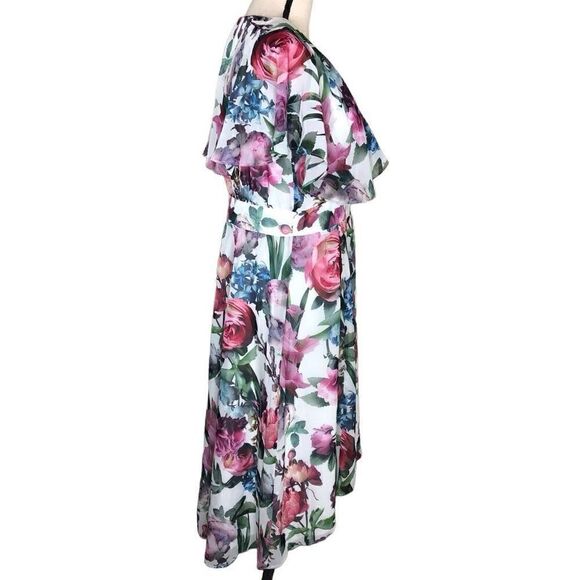 Maggy London Romantic White Floral Flutter Sleeve High Low Midi Dress Size 6 - Picture 3 of 12